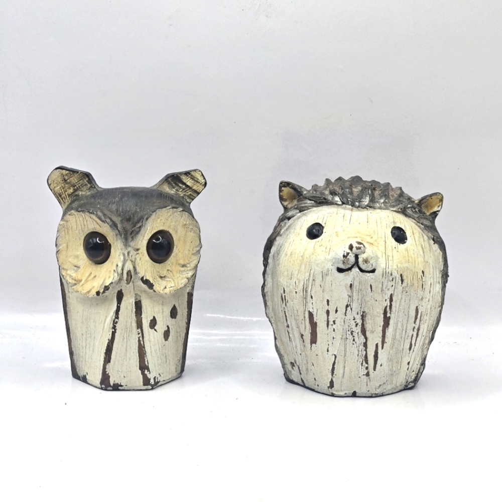 Honeybloom Owl & Hedgehog Wood Like  Figurine Desk Shelf Sitter 3” Hand Painted